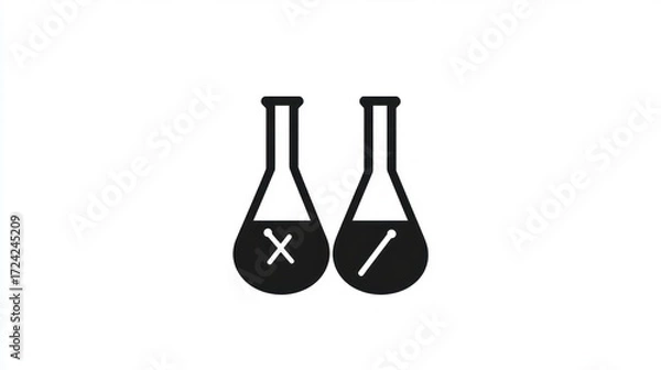 Fototapeta Two identical flasks, filled with liquids, one marked with an 'x', the other with a dash