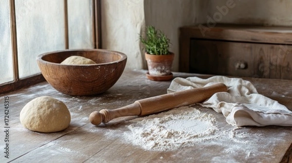Fototapeta Rustic dough preparation at a window