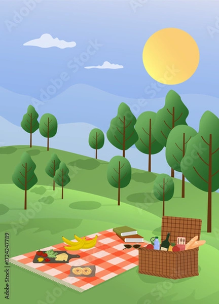 Obraz A picnic in nature. A blanket lies on the green grass. A basket with food and drinks. A day out of town, a family day out. A trip to the forest and park on a summer day. Vector illustration
