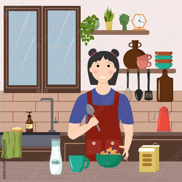Obraz A teenage girl prepares breakfast in the kitchen. Early morning. Kitchen interior with dishes and cabinets. A box of muesli and a bottle of milk. A green cup with a drink. A healthy meal of cereal and
