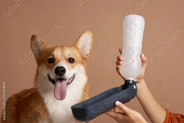 Fototapeta Corgi with portable water bottle and travel bowl showing safe pet hydration in studio