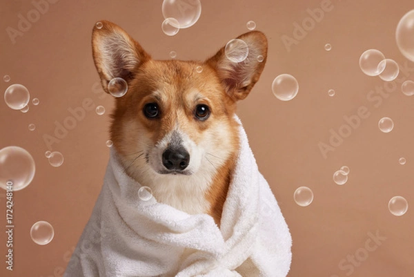 Fototapeta Corgi after bath wrapped in towel with bubbles showing pet grooming and hygiene in studio