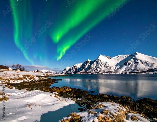 Obraz Northern Lights over a snow-covered fjord.  Vibrant green aurora borealis dances across a night sky filled with stars above a calm, snow-kissed fjord.  Snowy mountains frame the scene