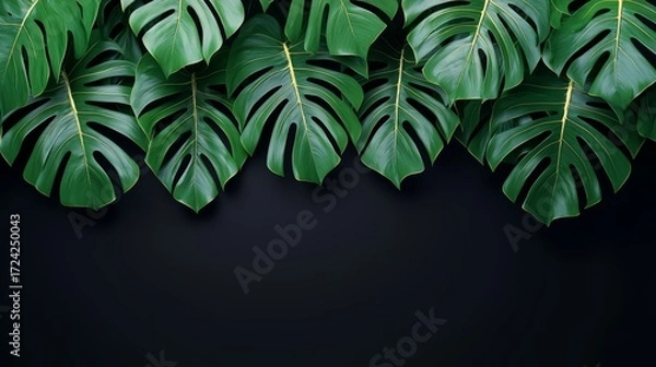 Fototapeta Row of large green leaves with a black background. The black background contrasts with the bright green leaves, creating a sense of depth and dimension