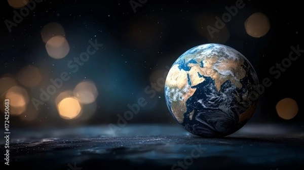 Fototapeta Small planet is shown in the center of the image. The planet is surrounded by a blurry background, which gives the impression of a dreamy, ethereal atmosphere