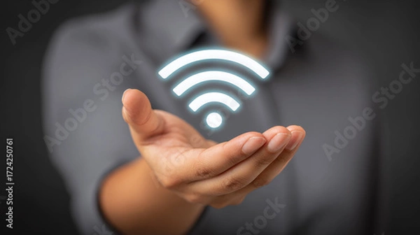 Fototapeta Hand reaching toward a floating holographic signal representing connectivity in a modern workspace setting