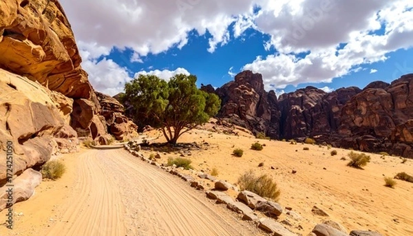 Fototapeta Desert landscape with a lone tree and a dirt road