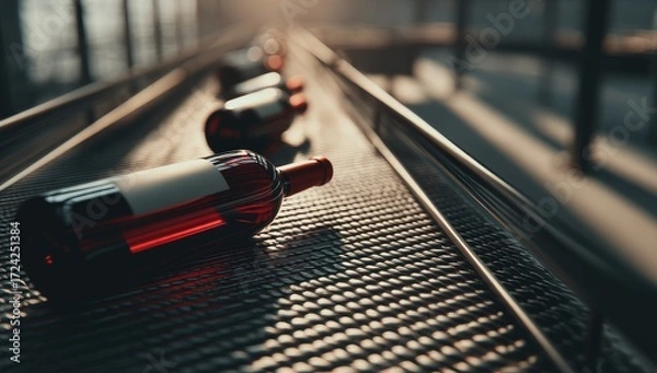 Obraz Wine bottles move along a conveyor belt in a modern industrial setting, bathed in warm sunlight.