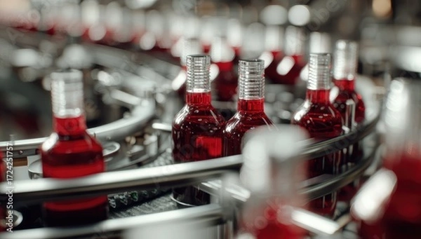 Obraz Red liquid-filled bottles move along a production line in a focused industrial setting.