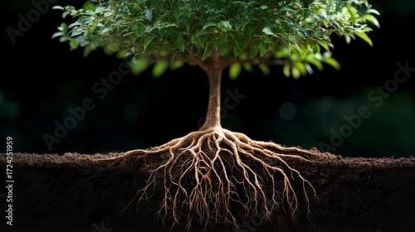 Fototapeta Tree with its roots visible in the dirt. The roots are long and spread out, showing the tree's strength and stability. Concept of growth and resilience