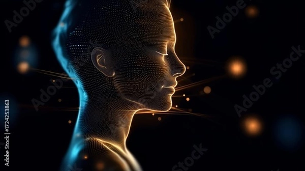 Fototapeta Woman's face is shown in a computer generated image. The face is surrounded by a lot of dots, giving it a futuristic and artificial appearance
