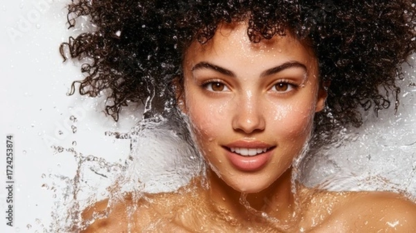 Fototapeta Woman with curly hair is in a bathtub with water splashing around her. She is smiling and she is enjoying herself