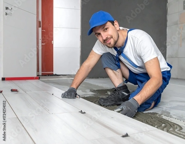 Obraz Man installing tiles on floor
