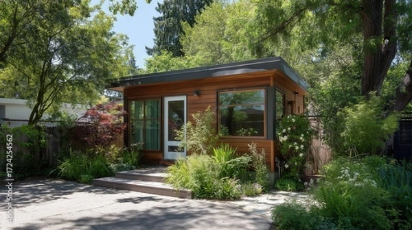 Fototapeta A modern backyard studio with large windows, surrounded by lush greenery and flowers. The structure features a wooden exterior and a welcoming entrance.
