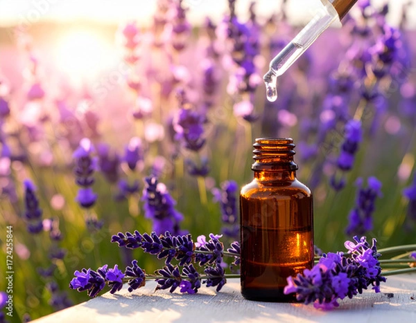 Obraz Óleo Essencial de Lavanda, Frasco de vidro âmbar, pipeta de vidro conta-gotas Flores de Lavanda Francesa, aromaterapia