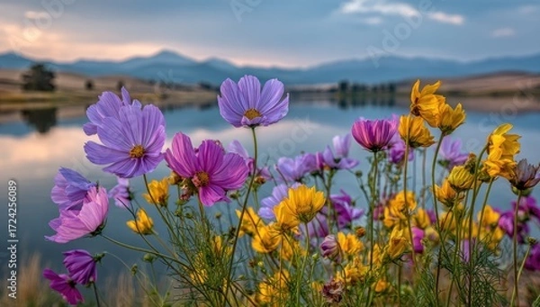 Obraz Vibrant cosmos flowers in a field by a serene lake, showcasing a spectrum of purples, pinks, and yellows against a backdrop of mountains.