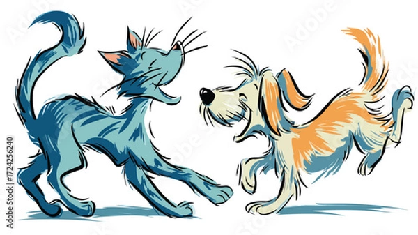 Fototapeta Playful Cat and Dog Vector Cartoon Illustration for Creative Projects