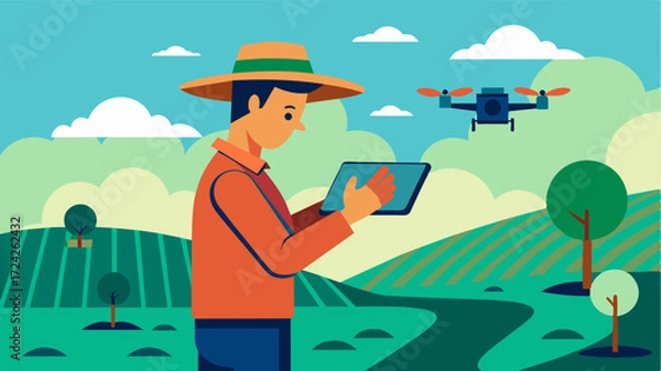Fototapeta A farmer uses a tablet to remotely control a drone equipped with LiDAR technology accurately mapping out the terrain of their farm for efficient drainage and cultivation.. Vector illustration