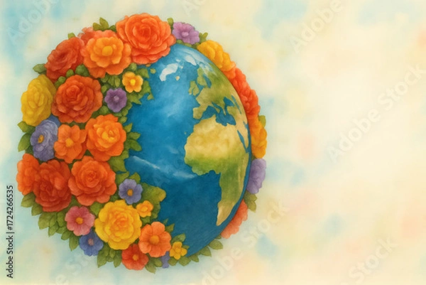 Fototapeta Planet surrounded by colorful flowers in promotional style for Friendship of Peoples, Earth Daywith copy space