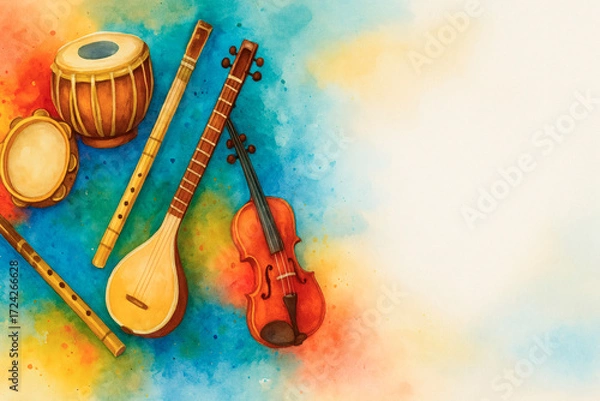 Fototapeta Circle made of diverse world musical instruments in promotional style for Friendship of Peoples with copy space