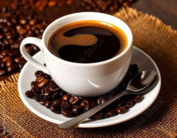 Obraz Rich, dark coffee in white cup, surrounded by coffee beans on burlap