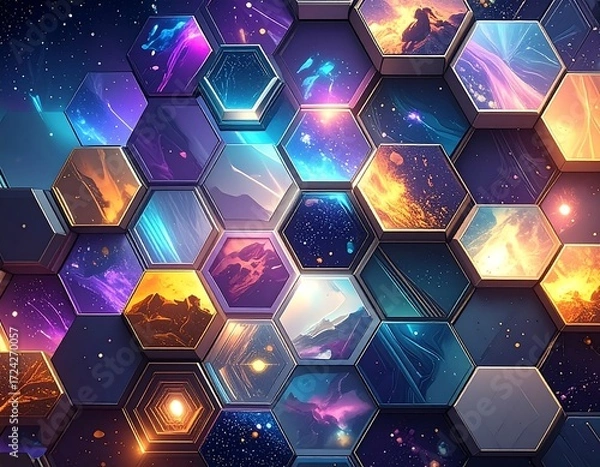 Obraz Abstract hexagonal display of vibrant landscapes and celestial imagery