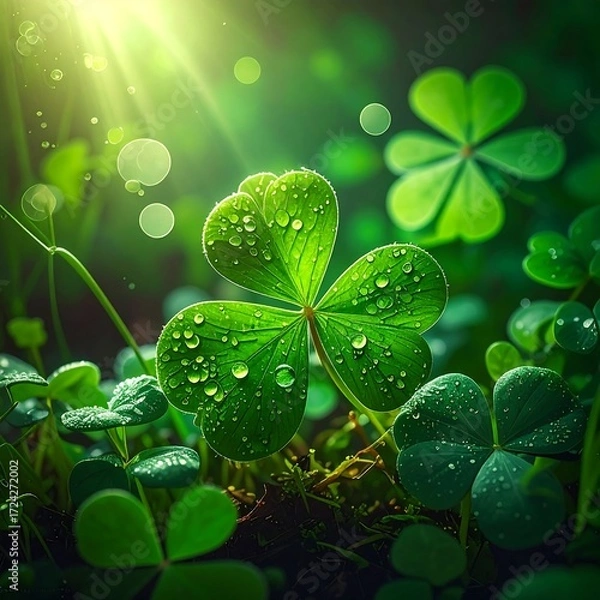 Fototapeta Close-up shamrock leaves in sunlight