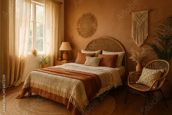 Obraz A cozy, warm-toned bedroom featuring natural elements, textured fabrics, and soft lighting, creating a serene and inviting atmosphere.