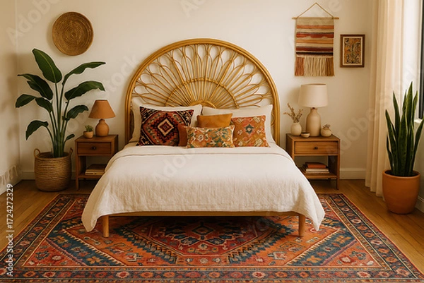 Obraz A cozy and stylish bedroom featuring a rattan bed, colorful cushions, plants, and a vibrant area rug, creating a warm and inviting atmosphere.