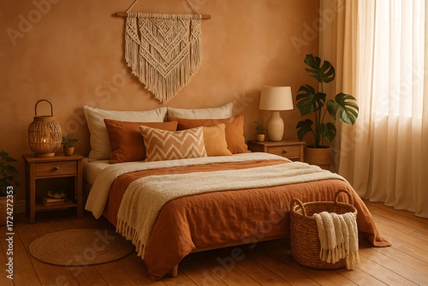 Obraz A cozy, earthy-toned bedroom featuring a macrame wall hanging, layered bedding, wooden furniture, and lush greenery, creating a warm and inviting atmosphere.