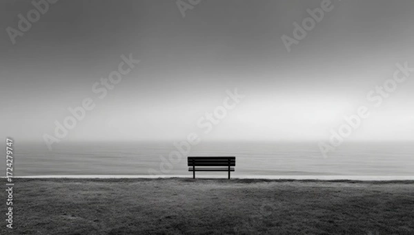 Obraz Empty park bench on a misty beach