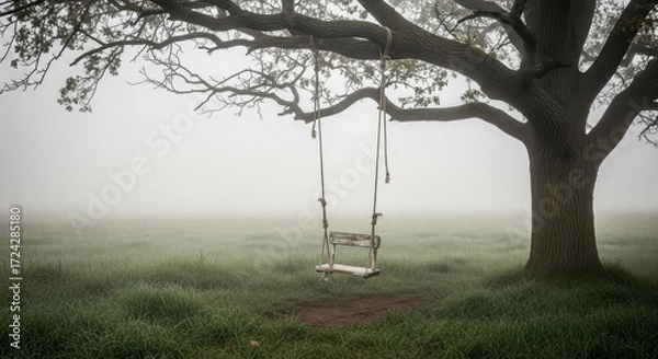 Fototapeta Empty wooden swing hanging from a large tree branch in a misty, ethereal field at dawn.