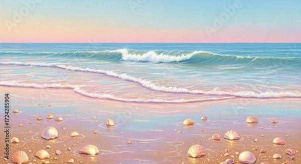 Fototapeta Serene Ocean Shoreline with Gentle Waves and Scattered Seashells at Sunset.