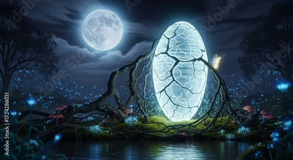 Fototapeta Mysterious glowing dragon egg in a magical forest at night under a full moon.