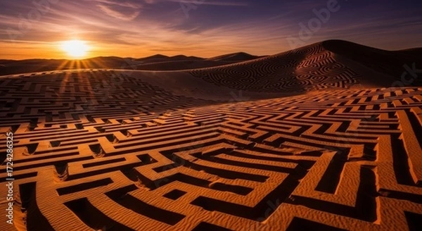 Fototapeta Intricate Desert Maze at Sunset with Golden Light and Winding Paths.