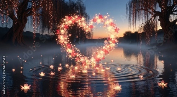 Fototapeta Glowing Heart Reflection on Water at Dusk.