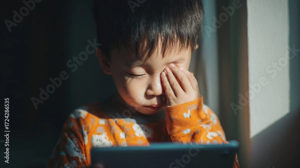Obraz Young child wearing colorful sweater using tablet, sitting by window with soft light, expressing tiredness or sleepiness during screen time in cozy indoor setting.