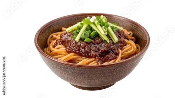 Obraz Food photography of a single bowl of Zhajiangmian. A perfectly composed dish with noodles, dark sauce, and fresh toppings, ready for a menu or poster design.