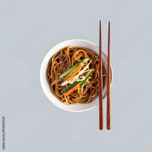 Obraz Healthy and traditional Chinese Zhajiangmian with fresh vegetable toppings. A clean and abstract top-down composition, perfect for a modern food blog or menu.