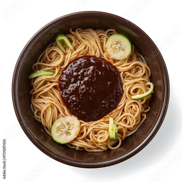 Obraz A clean and simple food template featuring a bowl of Chinese Zhajiangmian, viewed directly from above. The perfect square format for social media and modern layouts.