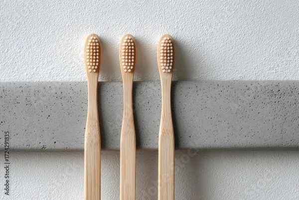 Fototapeta Three bamboo toothbrushes on a grey surface