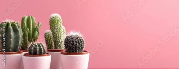 Fototapeta Group of cacti in white pots against a pink background