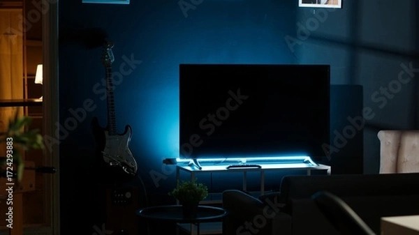 Fototapeta Urban apartment with a stylish home office setup with a wooden desk, house plants and a TV creating a cozy modern interior design. Spacious, creative and perfect for a homey lifestyle.