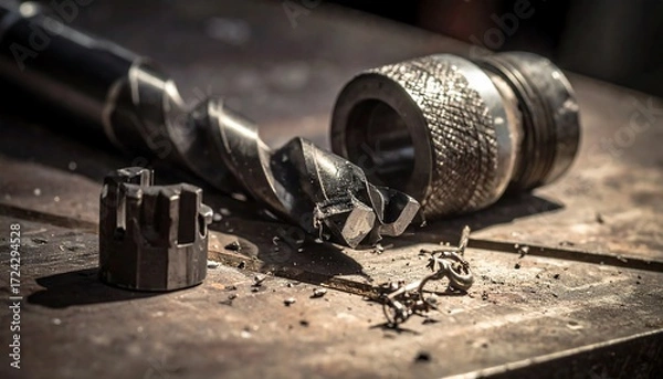 Obraz Metal drill bits and accessories on a workbench
