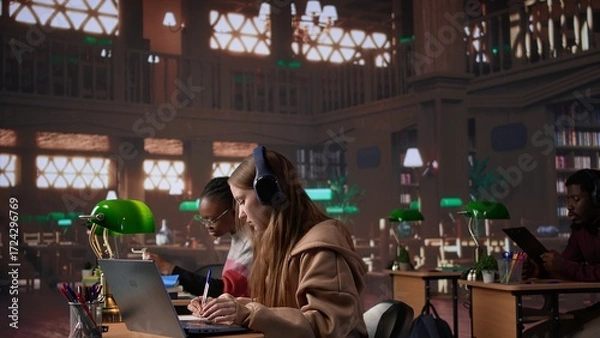 Fototapeta College student participates at online webinar course with headphones in the library, takes notes and learns about law in a non traditional live event. Girl listens to academic experts. Camera B.