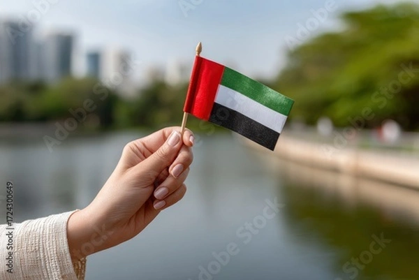 Fototapeta Hand holds a miniature UAE flag buildings  foliage blurred in background over calm water