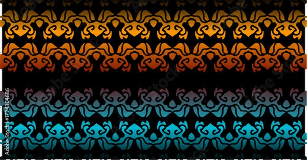 Fototapeta Colorful seamless ornamental pattern with gradient orange, red, and blue on black background.