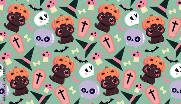 Obraz Halloween Seamless Vector Pattern – Spooky Pumpkins, Ghosts and Haunted Night Background
