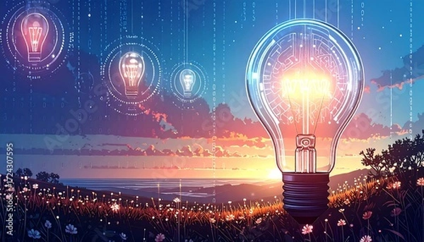 Fototapeta Innovative lightbulb, sunrise, digital overlay