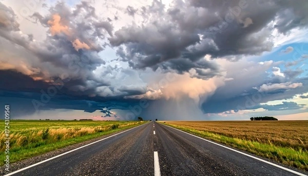 Fototapeta Empty road stretches into a dramatic sky of storm clouds